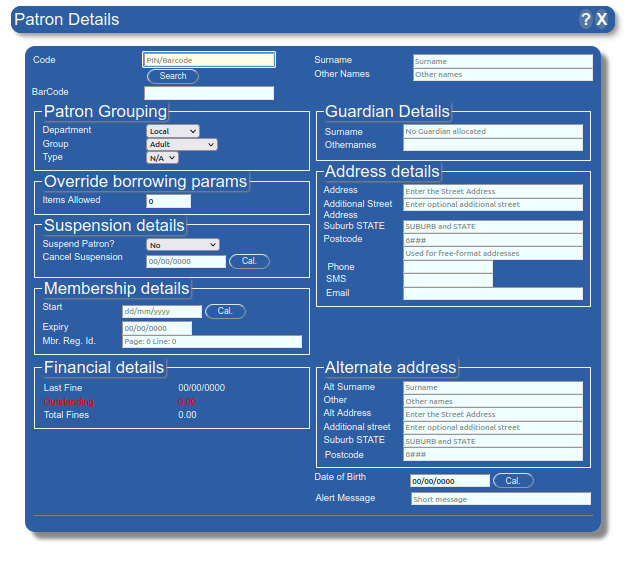 Initial view of the Patron form